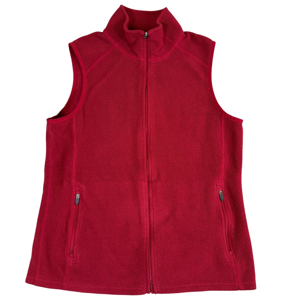 LL Bean Womens Red Fleece Full Zip Vest Mock Neck Pockets Outdoor Layering